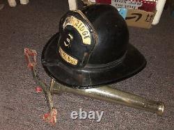 Vintage Fireman's Safety Helmet, & Tool & 12 Fire-Nozzle Pre-1960 NJ Fire Dpt