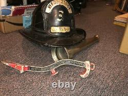 Vintage Fireman's Safety Helmet, & Tool & 12 Fire-Nozzle Pre-1960 NJ Fire Dpt