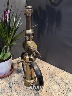 Vintage Grether Brass fire nozzle Play Pipe & Shut Off, Leather Hds. 20 In