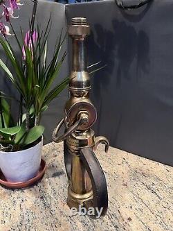Vintage Grether Brass fire nozzle Play Pipe & Shut Off, Leather Hds. 20 In