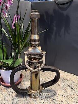 Vintage Grether Brass fire nozzle Play Pipe & Shut Off, Leather Hds. 20 In