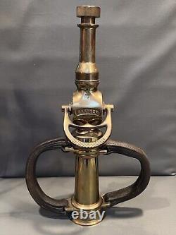 Vintage Grether Brass fire nozzle Play Pipe & Shut Off, Leather Hds. 20 In