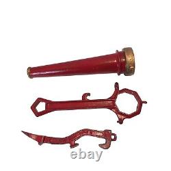 Vintage Red Firehose Nozzle and Two Red Fireman Fire Hydrant Wrench Spanners