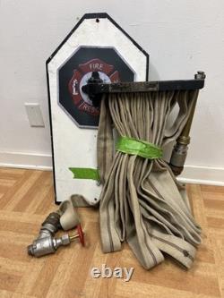 Vintage W. D. Allen Fire Hose Rack w Canvas Hose & Brasss Nozzle WALL MOUNT usa