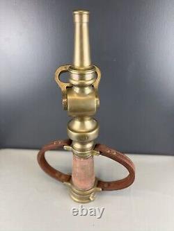 Vintage Wooster Brass 2 1/2 In Play Pipe & Fire Nozzle W Leather Handles