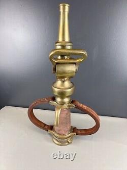 Vintage Wooster Brass 2 1/2 In Play Pipe & Fire Nozzle W Leather Handles