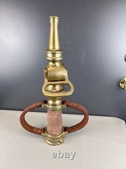 Vintage Wooster Brass 2 1/2 In Play Pipe & Fire Nozzle W Leather Handles