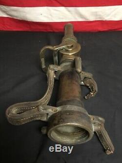 Vintage Wooster Brass Fire Fighter Water Hose Nozzle Original Leather