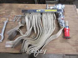 Vintage allenco fire hose bowes hose rack, spanner, brass valves & wall cabinet