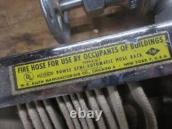 Vintage allenco fire hose bowes hose rack, spanner, brass valves & wall cabinet