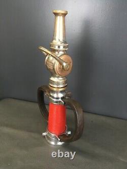 Vintg. 1927 Larkin nickel & Chrome Over-brass leather hds. &red cord fire nozzle