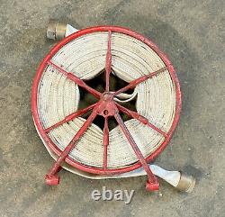 Wirt & Knox antique Fire Hose Reel approx 16 Diam. + 2 hose with brass fittings