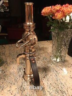 Antique Brass 21/2 In. Leather Handle Play Pipe With Larkin Fire Nozzle Shut Off