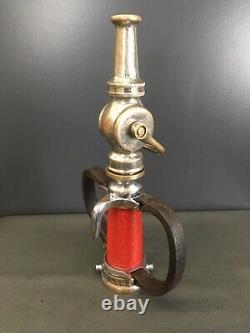 Du Vintg. 1927 Larkin Nickel & Chrome Sur-brass Cuir Hds. Buse D'incendie De Cordon &rouge