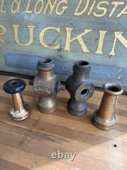Ensemble de 4 Buses de Tuyau d'Incendie en Laiton RARES Pièces Antiques Ancien Collectionneur de Pompiers