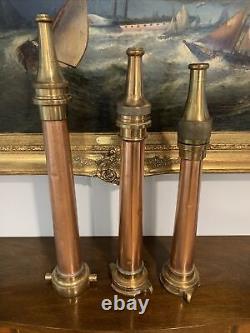 Trois Anciens Nozzles Brass Copper Fire Hose 19,75, 20,5 Et 22,25 Pouces Tall